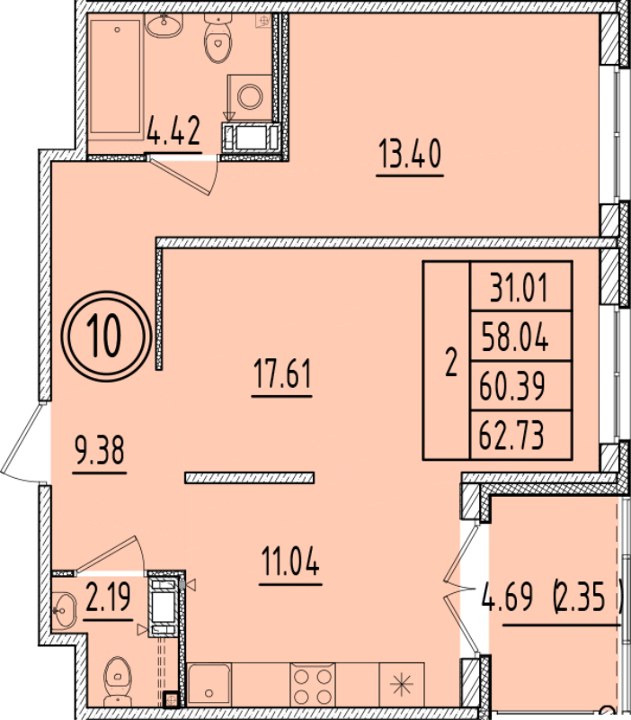 2 ккв 58 м²