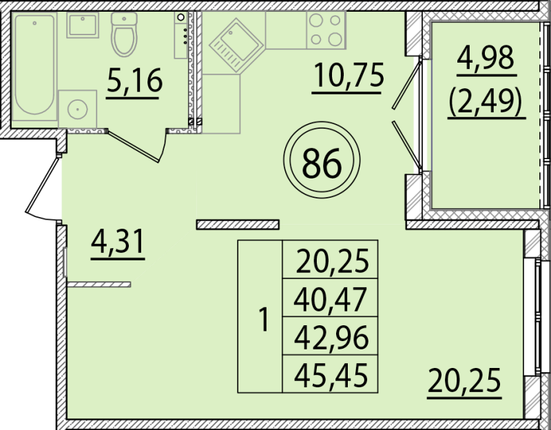 1 ккв 40,5 м²
