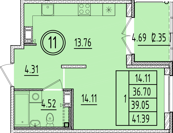 1 ккв 36,7 м²