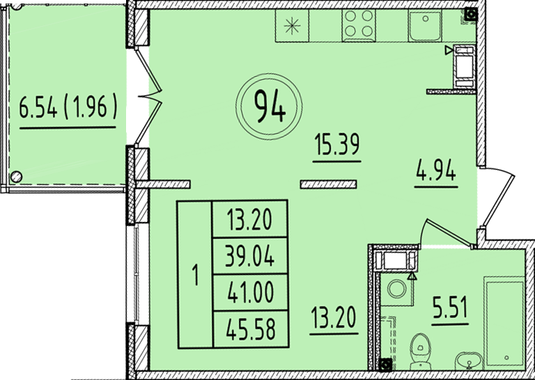 2 ккв (Евро) 39 м²