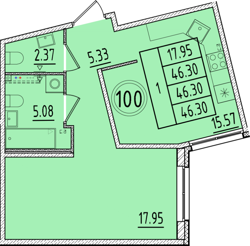 2 ккв (Евро) 46,3 м²