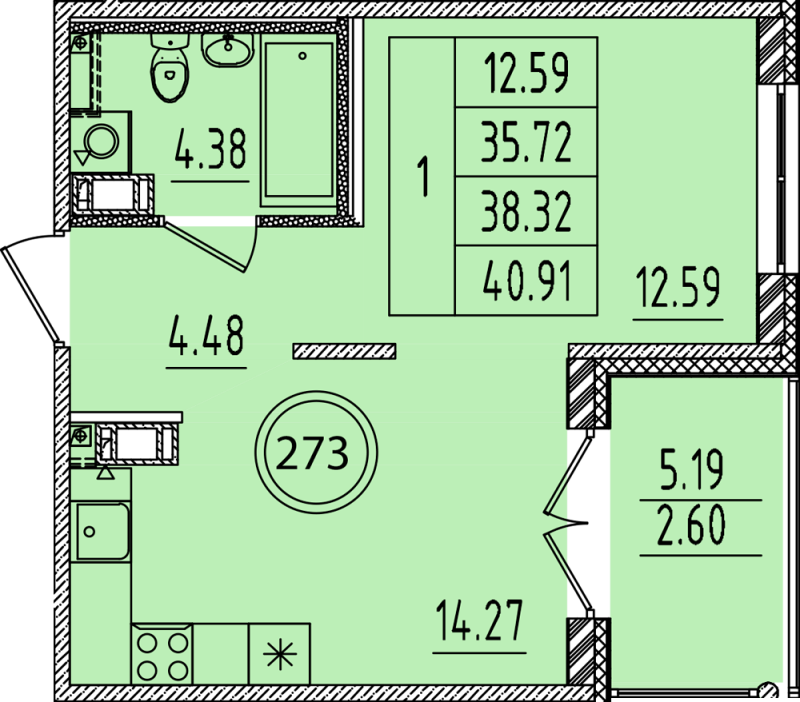 1 ккв 35,7 м²