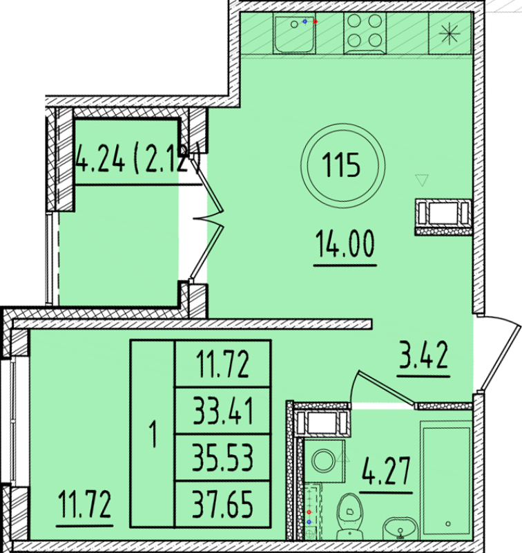 1 ккв 33,4 м²