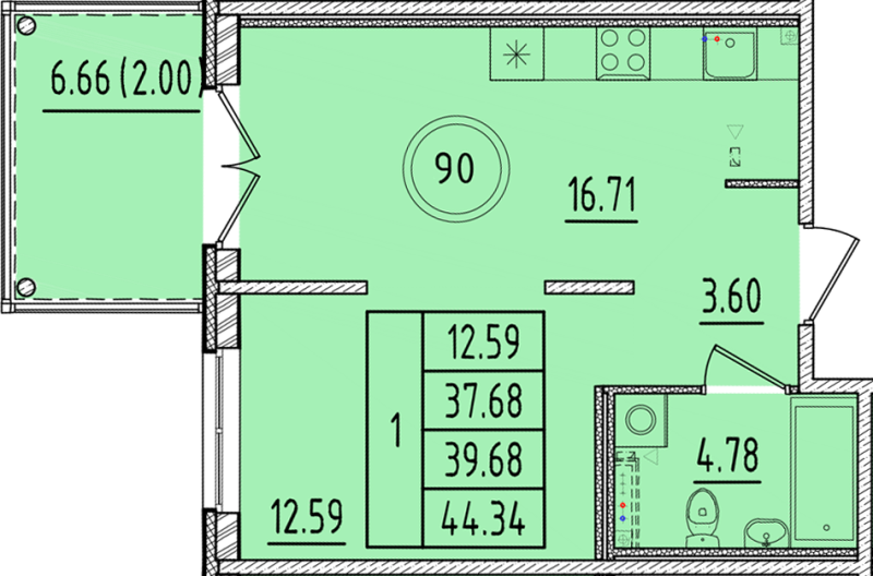 2 ккв (Евро) 37,7 м²