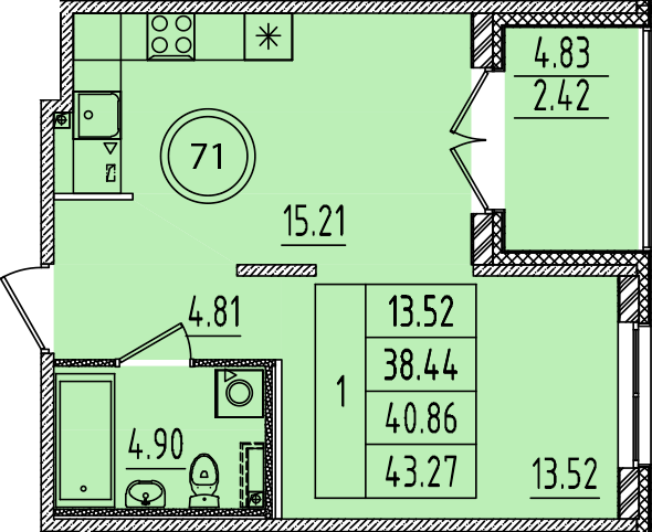 1 ккв 38,4 м²