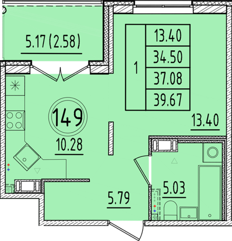 1 ккв 34,5 м²