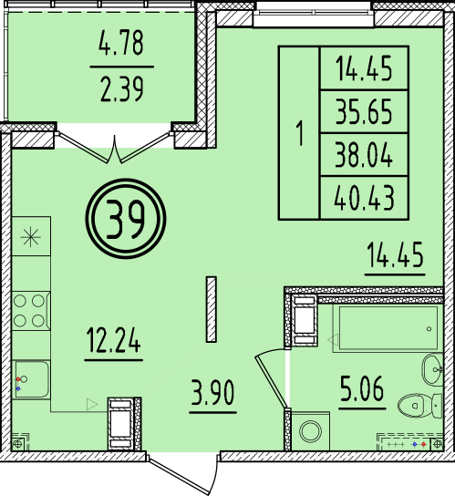 1 ккв 35,7 м²