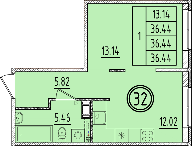 1 ккв 36,4 м²