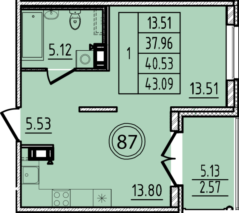 1 ккв 38 м²