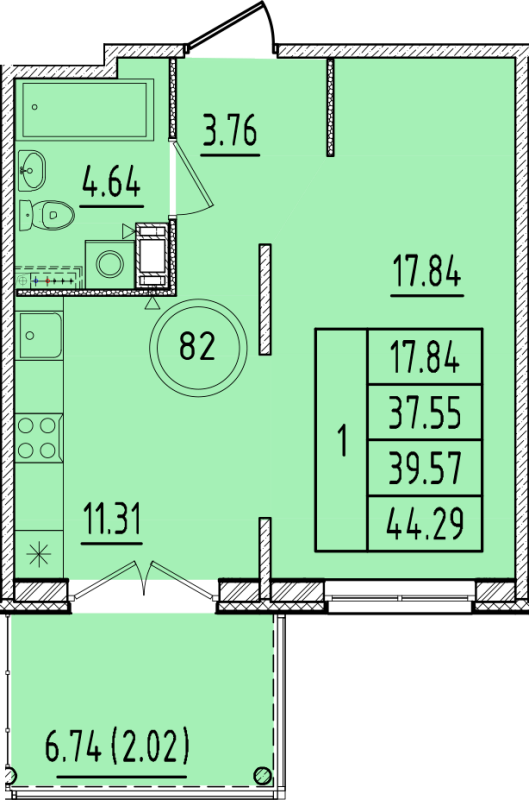 1 ккв 37,6 м²