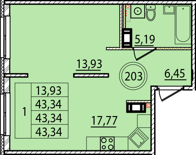 2 ккв (Евро) 43,3 м²