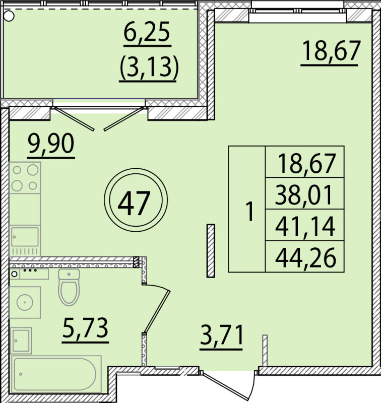 1 ккв 38 м²