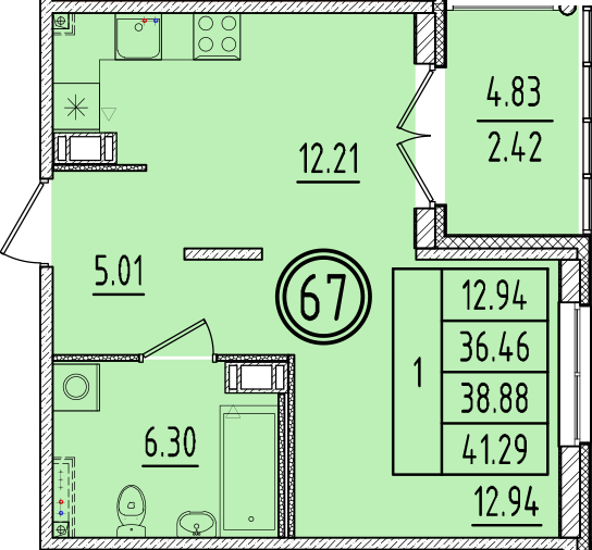 1 ккв 36,5 м²