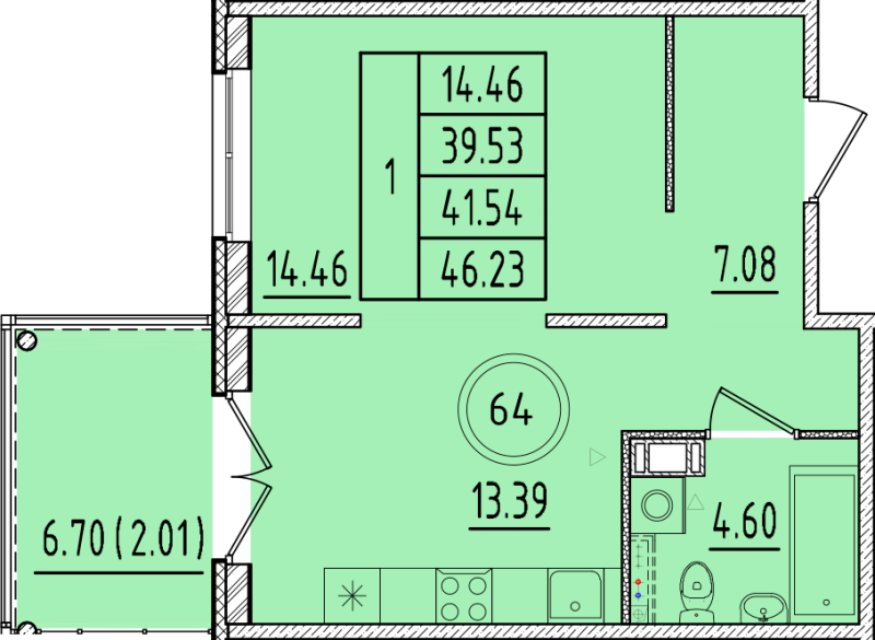 1 ккв 39,5 м²