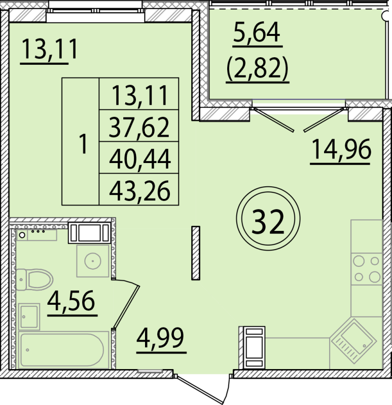1 ккв 37,6 м²