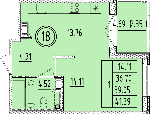 1 ккв 36,7 м²