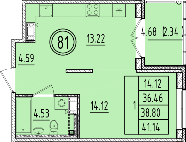 1 ккв 36,5 м²