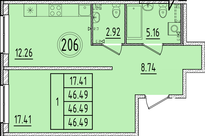 1 ккв 46,5 м²