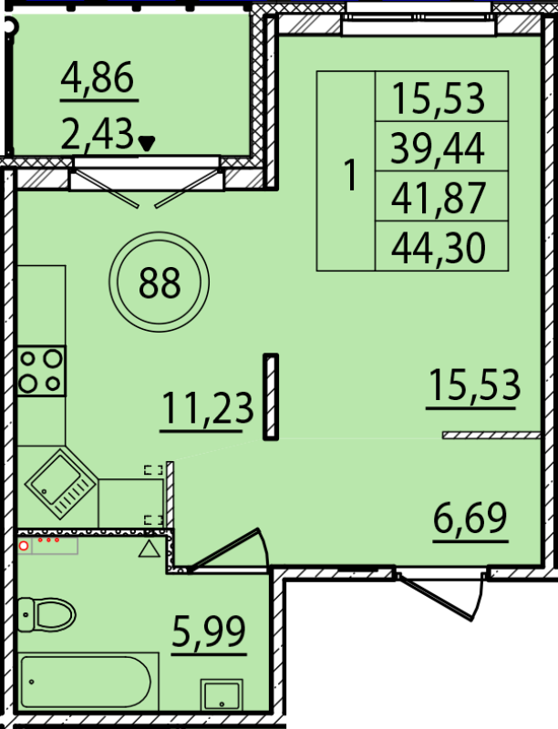 1 ккв 39,4 м²