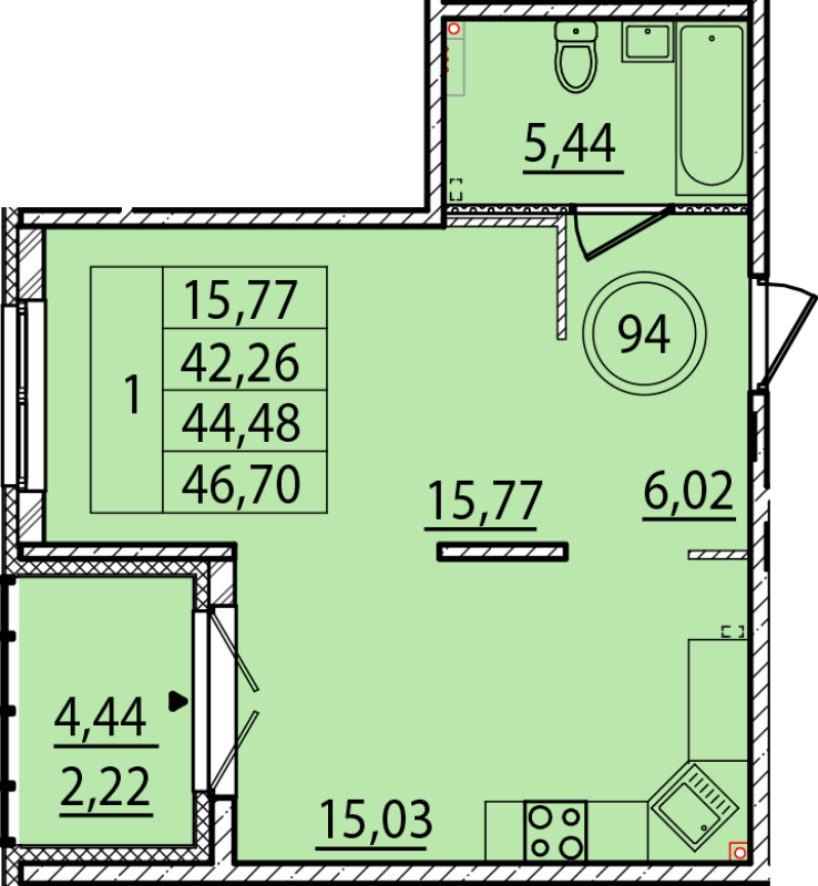 2 ккв (Евро) 42,3 м²