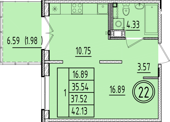 1 ккв 35,5 м²