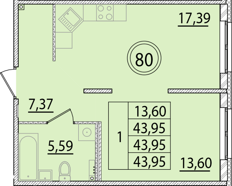 2 ккв (Евро) 44 м²