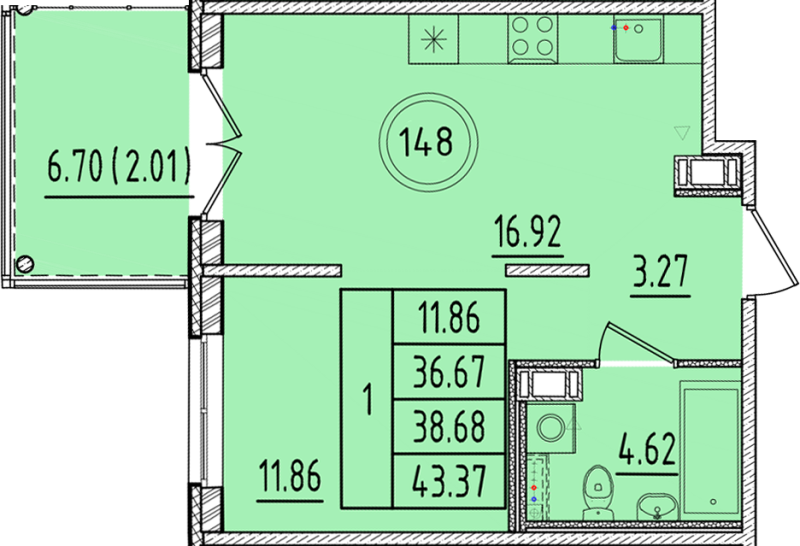 2 ккв (Евро) 36,7 м²