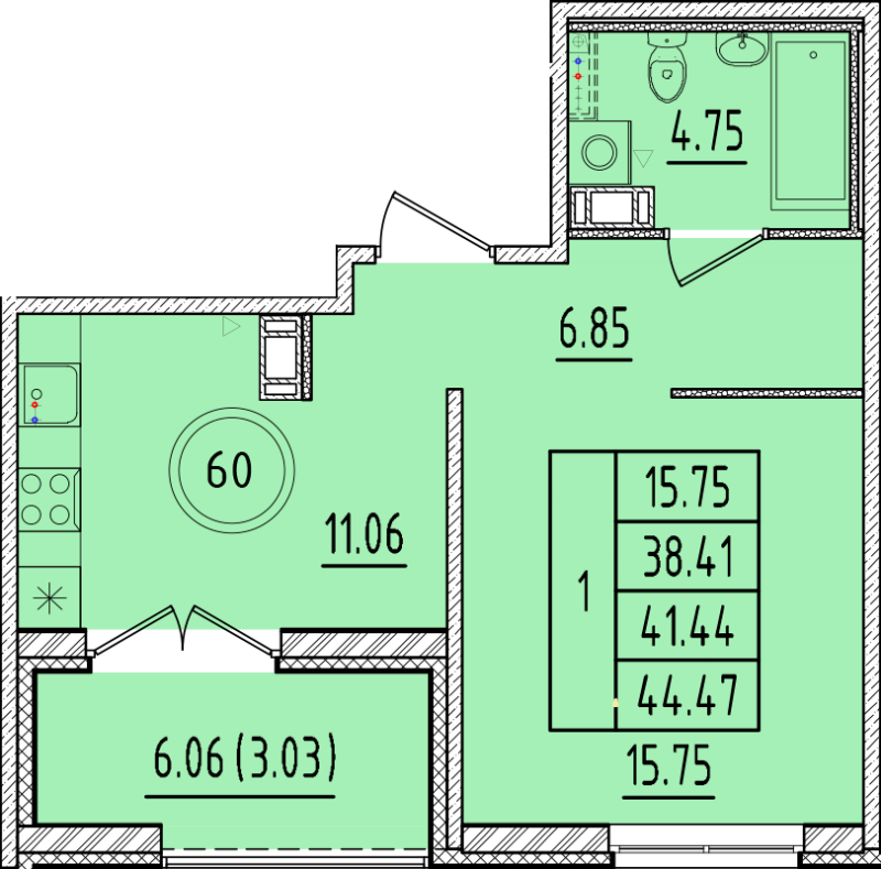 1 ккв 38,4 м²