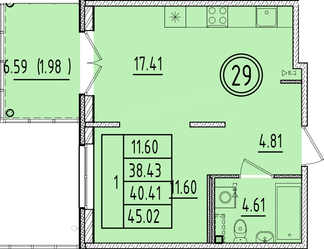 2 ккв (Евро) 38,4 м²