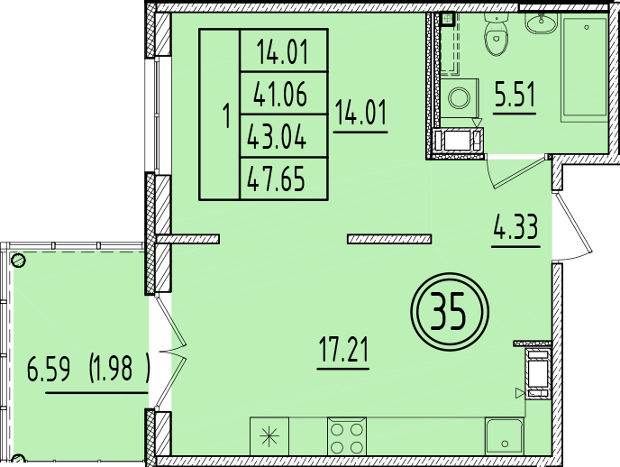 2 ккв (Евро) 41,1 м²