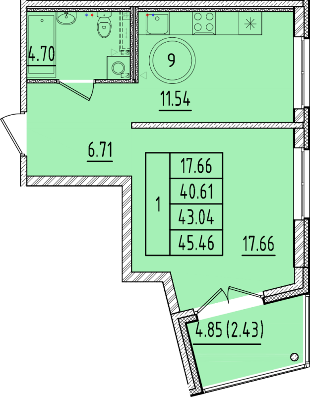 1 ккв 40,6 м²