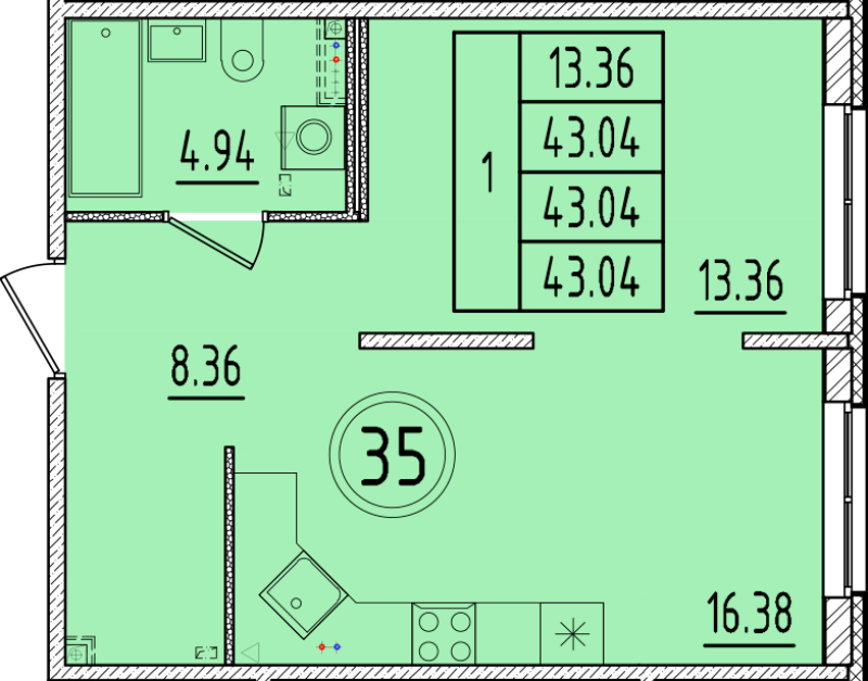 2 ккв (Евро) 43 м²