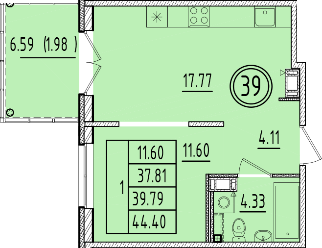 2 ккв (Евро) 37,8 м²