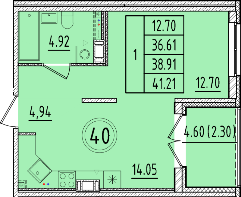 1 ккв 36,6 м²