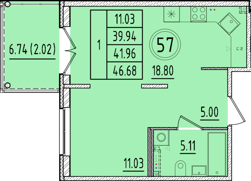 2 ккв (Евро) 39,9 м²