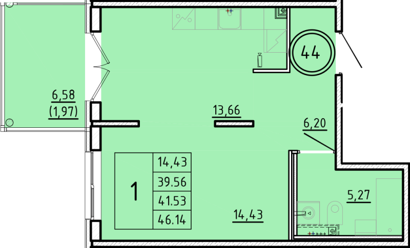 1 ккв 39,6 м²