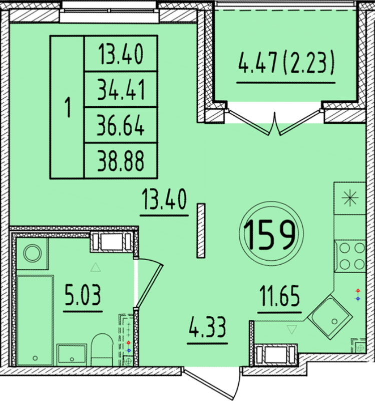 1 ккв 34,4 м²