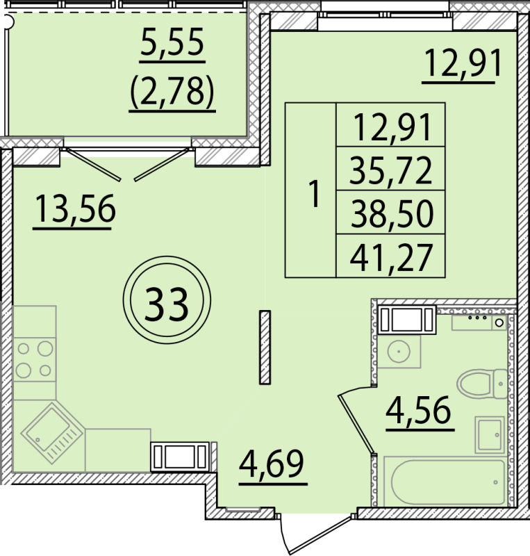 1 ккв 35,7 м²