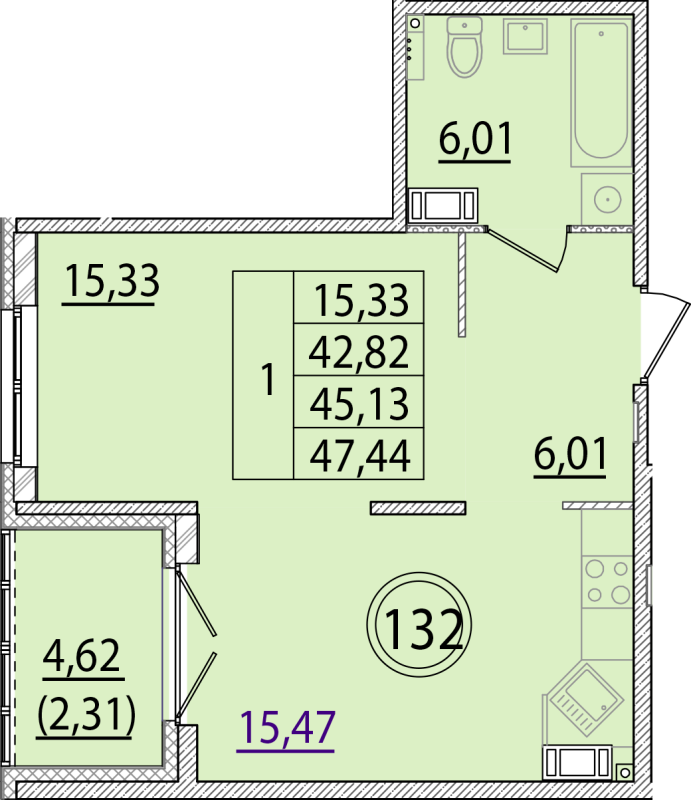 2 ккв (Евро) 42,8 м²