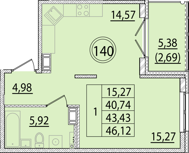 1 ккв 40,7 м²