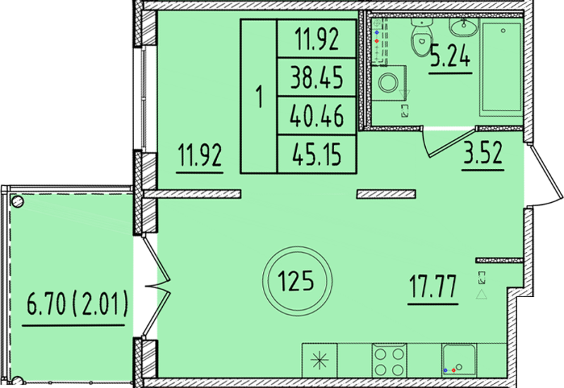 2 ккв (Евро) 38,5 м²