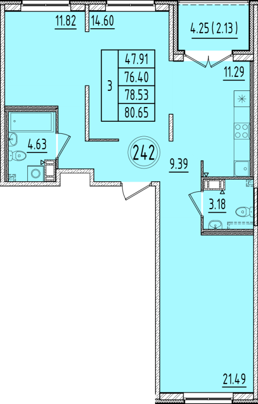 3 ккв 76,4 м²