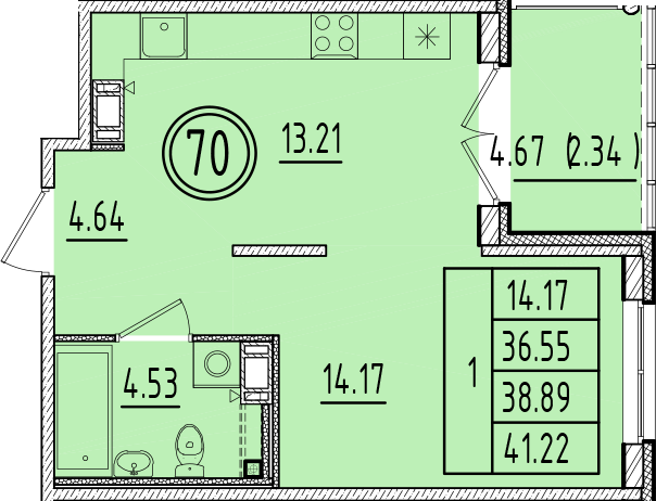 1 ккв 36,6 м²