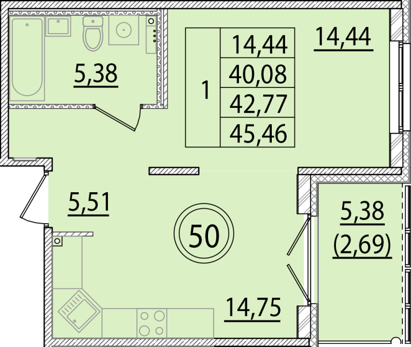 1 ккв 40,1 м²