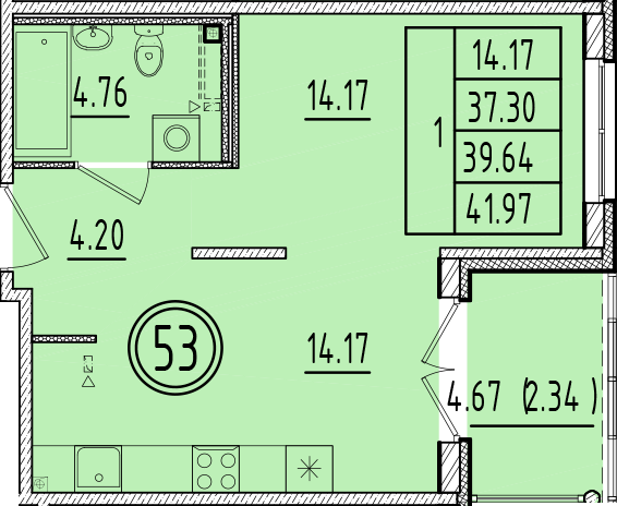 1 ккв 37,3 м²