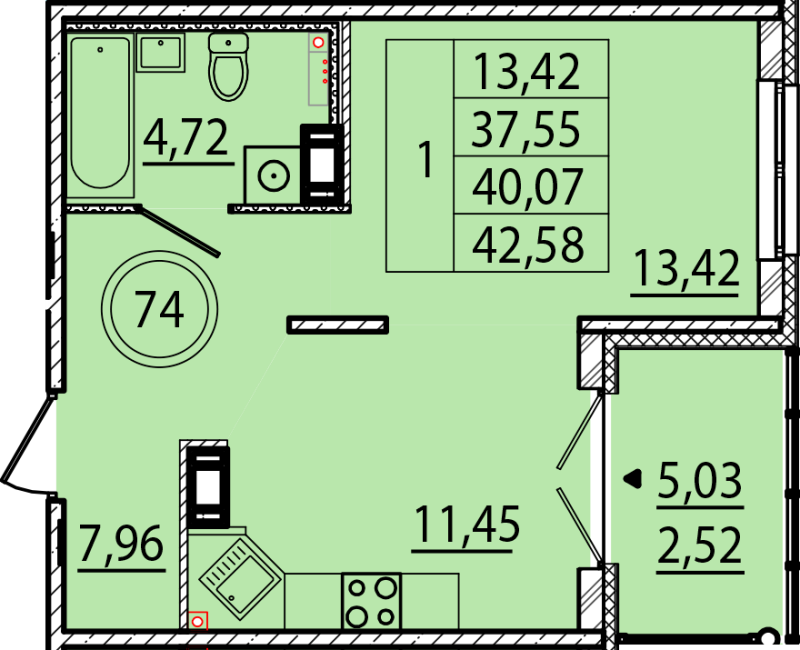 1 ккв 37,6 м²