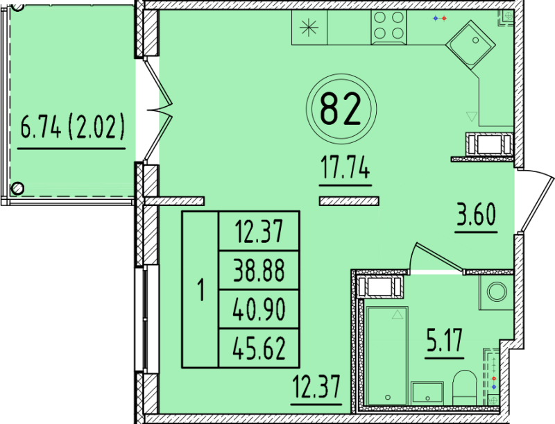 2 ккв (Евро) 38,9 м²