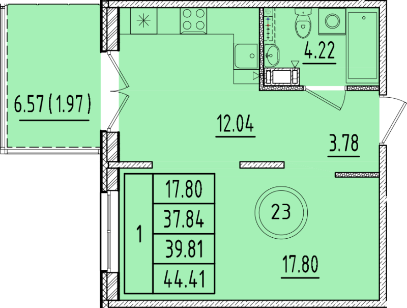 1 ккв 37,8 м²