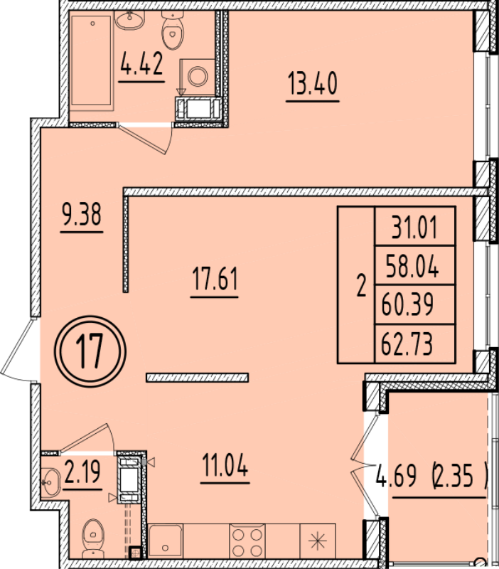 2 ккв 58 м²