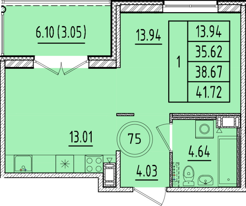 1 ккв 35,6 м²